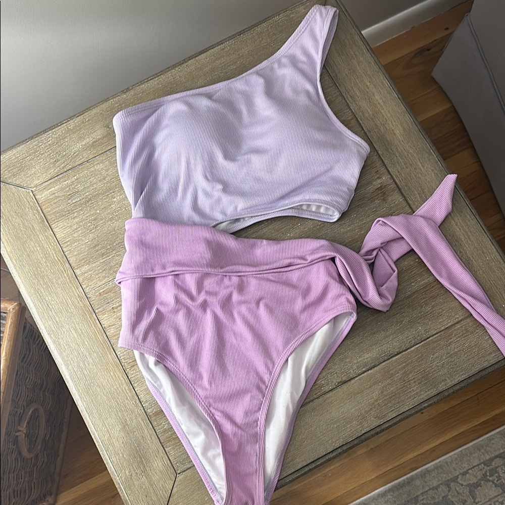 Lavender One-Shoulder Cut-out One Piece Swim Suit, Sz L